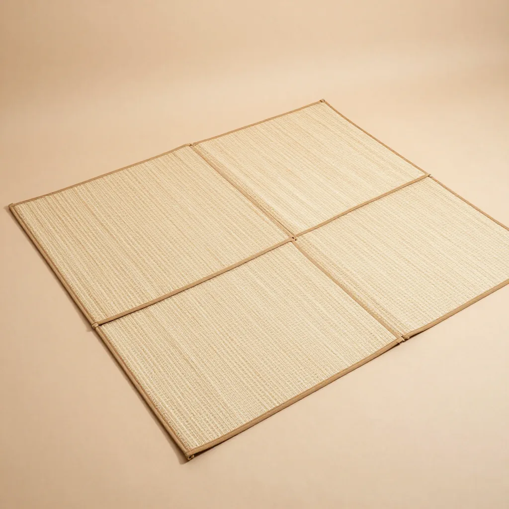 Two pandanus picnic mats, natural and bordered, together